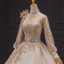 Luxury / Gorgeous Champagne Bridal Wedding Dresses 2020 Ball Gown See-through High Neck Puffy Long Sleeve Handmade  Beading Pearl Cathedral Train