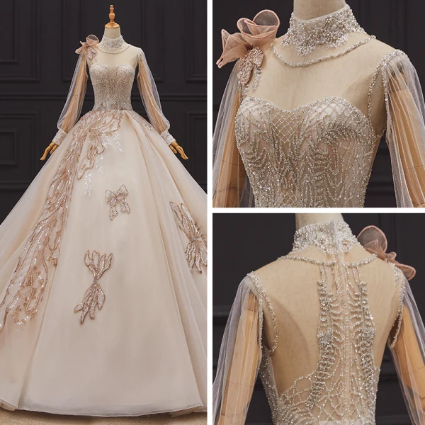 Luxury / Gorgeous Champagne Bridal Wedding Dresses 2020 Ball Gown See-through High Neck Puffy Long Sleeve Handmade  Beading Pearl Cathedral Train