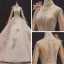 Luxury / Gorgeous Champagne Bridal Wedding Dresses 2020 Ball Gown See-through High Neck Puffy Long Sleeve Handmade  Beading Pearl Cathedral Train