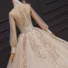 Luksusowe Szampan ślubna Suknie Ślubne 2020 Suknia Balowa Przezroczyste Wysokiej Szyi Bufiasta Długie Rękawy Wykonany Ręcznie Frezowanie Perła Trenem Katedra