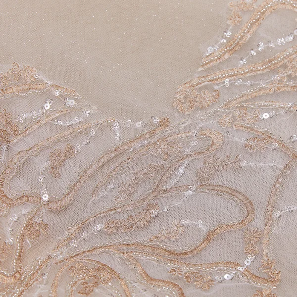 Luxury / Gorgeous Champagne Bridal Wedding Dresses 2020 Ball Gown See-through High Neck Puffy Long Sleeve Handmade  Beading Pearl Cathedral Train