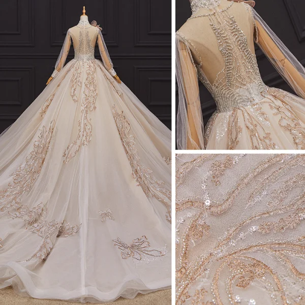 Luxury / Gorgeous Champagne Bridal Wedding Dresses 2020 Ball Gown See-through High Neck Puffy Long Sleeve Handmade  Beading Pearl Cathedral Train