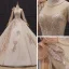 Luxury / Gorgeous Champagne Bridal Wedding Dresses 2020 Ball Gown See-through High Neck Puffy Long Sleeve Handmade  Beading Pearl Cathedral Train