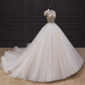 Illusion Ivory Bridal Wedding Dresses 2020 Ball Gown See Through High Neck Short Sleeve Backless Handmade Beading Chapel Train
