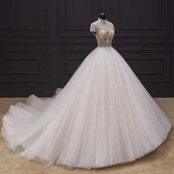 Illusion Ivory Bridal Wedding Dresses 2020 Ball Gown See Through High Neck Short Sleeve Backless Handmade Beading Chapel Train