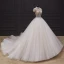 Illusion Ivory / Creme Hochzeits Brautkleider / Hochzeitskleider 2020 Ballkleid Durchsichtige Stehkragen Kurze Ärmel Rückenfreies Handgefertigt Perlenstickerei Kapelle-Schleppe