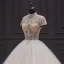 Illusion Ivory / Creme Hochzeits Brautkleider / Hochzeitskleider 2020 Ballkleid Durchsichtige Stehkragen Kurze Ärmel Rückenfreies Handgefertigt Perlenstickerei Kapelle-Schleppe