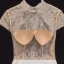 Illusion Ivory / Creme Hochzeits Brautkleider / Hochzeitskleider 2020 Ballkleid Durchsichtige Stehkragen Kurze Ärmel Rückenfreies Handgefertigt Perlenstickerei Kapelle-Schleppe