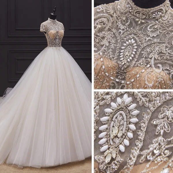 Illusion Ivory / Creme Hochzeits Brautkleider / Hochzeitskleider 2020 Ballkleid Durchsichtige Stehkragen Kurze Ärmel Rückenfreies Handgefertigt Perlenstickerei Kapelle-Schleppe