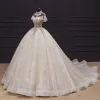 Luxury / Gorgeous Champagne Bridal Wedding Dresses 2020 Ball Gown See-through High Neck Short Sleeve Backless Appliques Lace Handmade Beading Chapel Train Ruffle
