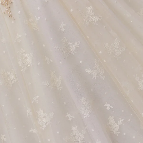 Luxury / Gorgeous Champagne Bridal Wedding Dresses 2020 Ball Gown See-through High Neck Short Sleeve Backless Appliques Lace Handmade Beading Chapel Train Ruffle