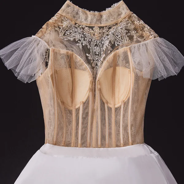 Luxury / Gorgeous Champagne Bridal Wedding Dresses 2020 Ball Gown See-through High Neck Short Sleeve Backless Appliques Lace Handmade Beading Chapel Train Ruffle