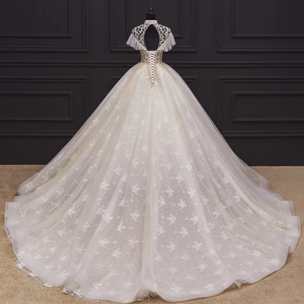 Luxury / Gorgeous Champagne Bridal Wedding Dresses 2020 Ball Gown See-through High Neck Short Sleeve Backless Appliques Lace Handmade Beading Chapel Train Ruffle