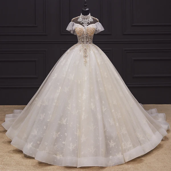 Luxury / Gorgeous Champagne Bridal Wedding Dresses 2020 Ball Gown See-through High Neck Short Sleeve Backless Appliques Lace Handmade Beading Chapel Train Ruffle