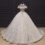 Luxury / Gorgeous Champagne Bridal Wedding Dresses 2020 Ball Gown See-through High Neck Short Sleeve Backless Appliques Lace Handmade Beading Chapel Train Ruffle