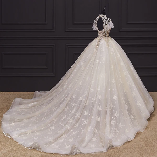 Luxury / Gorgeous Champagne Bridal Wedding Dresses 2020 Ball Gown See-through High Neck Short Sleeve Backless Appliques Lace Handmade Beading Chapel Train Ruffle