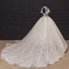 Luxury / Gorgeous Champagne Bridal Wedding Dresses 2020 Ball Gown See-through High Neck Short Sleeve Backless Appliques Lace Handmade Beading Chapel Train Ruffle