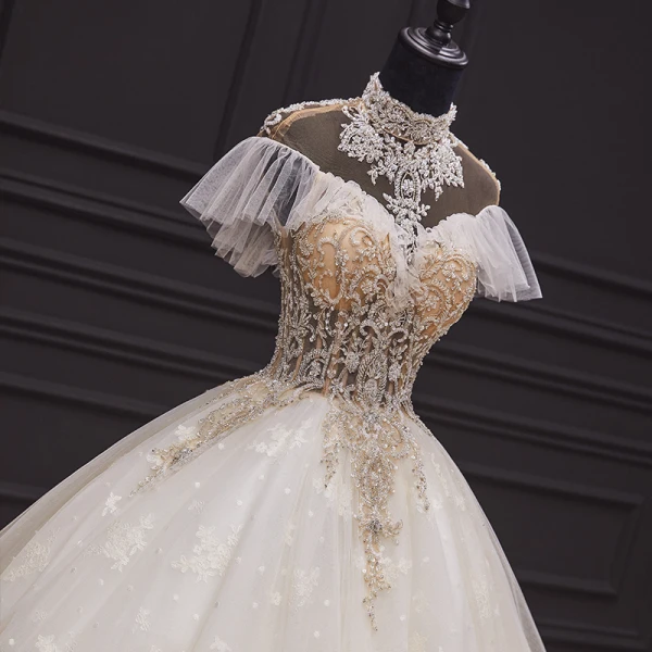 Luxury / Gorgeous Champagne Bridal Wedding Dresses 2020 Ball Gown See-through High Neck Short Sleeve Backless Appliques Lace Handmade Beading Chapel Train Ruffle