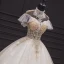 Luxury / Gorgeous Champagne Bridal Wedding Dresses 2020 Ball Gown See-through High Neck Short Sleeve Backless Appliques Lace Handmade Beading Chapel Train Ruffle