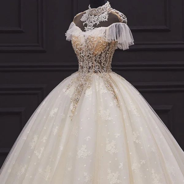 Luxury / Gorgeous Champagne Bridal Wedding Dresses 2020 Ball Gown See-through High Neck Short Sleeve Backless Appliques Lace Handmade Beading Chapel Train Ruffle