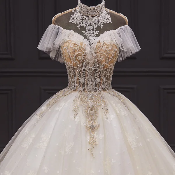 Luxury / Gorgeous Champagne Bridal Wedding Dresses 2020 Ball Gown See-through High Neck Short Sleeve Backless Appliques Lace Handmade Beading Chapel Train Ruffle