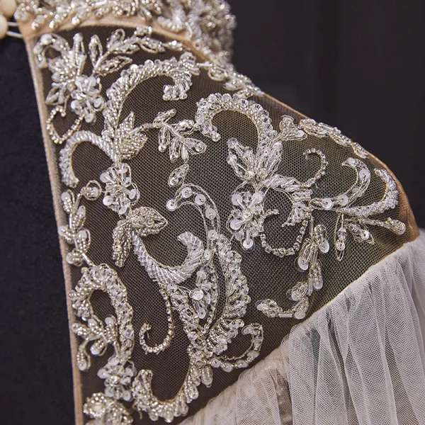 Luxury / Gorgeous Champagne Bridal Wedding Dresses 2020 Ball Gown See-through High Neck Short Sleeve Backless Appliques Lace Handmade Beading Chapel Train Ruffle