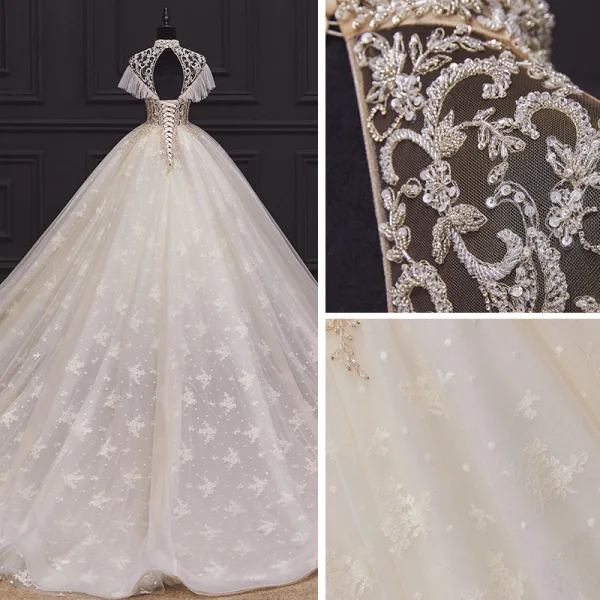 Luxury / Gorgeous Champagne Bridal Wedding Dresses 2020 Ball Gown See-through High Neck Short Sleeve Backless Appliques Lace Handmade Beading Chapel Train Ruffle