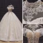 Luxury / Gorgeous Champagne Bridal Wedding Dresses 2020 Ball Gown See-through High Neck Short Sleeve Backless Appliques Lace Handmade Beading Chapel Train Ruffle