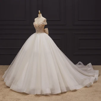Luxury Gorgeous Champagne Bridal Wedding Dresses 2020 Ball Gown Off The Shoulder Short Sleeve Backless Handmade Beading Glitter Tulle Chapel Train Ruffle