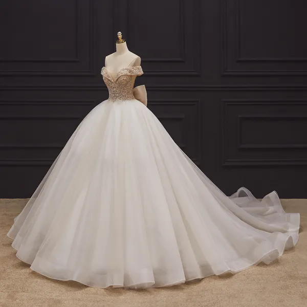Luxury / Gorgeous Champagne Bridal Wedding Dresses 2020 Ball Gown Off-The-Shoulder Short Sleeve Backless Handmade  Beading Glitter Tulle Chapel Train Ruffle