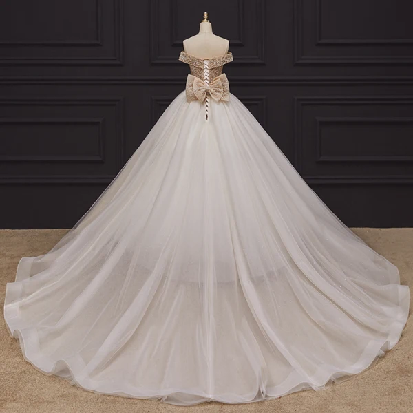 Luxury / Gorgeous Champagne Bridal Wedding Dresses 2020 Ball Gown Off-The-Shoulder Short Sleeve Backless Handmade Beading Glitter Tulle Chapel Train Ruffle