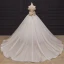Luxury / Gorgeous Champagne Bridal Wedding Dresses 2020 Ball Gown Off-The-Shoulder Short Sleeve Backless Handmade  Beading Glitter Tulle Chapel Train Ruffle