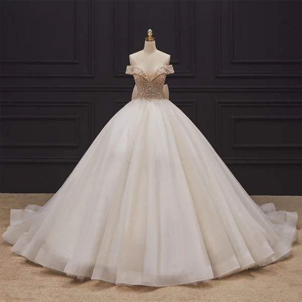 Luxury / Gorgeous Champagne Bridal Wedding Dresses 2020 Ball Gown Off-The-Shoulder Short Sleeve Backless Handmade Beading Glitter Tulle Chapel Train Ruffle