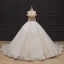 Luxury / Gorgeous Champagne Bridal Wedding Dresses 2020 Ball Gown Off-The-Shoulder Short Sleeve Backless Handmade  Beading Glitter Tulle Chapel Train Ruffle