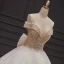 Luxury / Gorgeous Champagne Bridal Wedding Dresses 2020 Ball Gown Off-The-Shoulder Short Sleeve Backless Handmade  Beading Glitter Tulle Chapel Train Ruffle