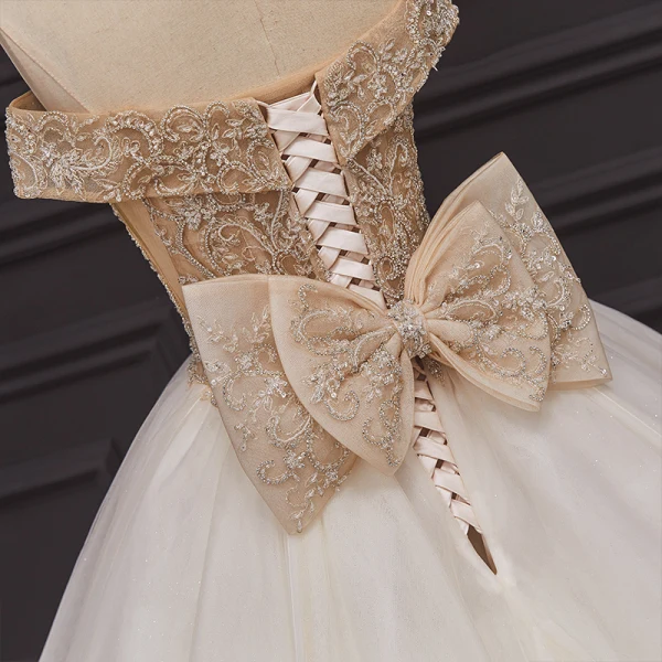 Luxury / Gorgeous Champagne Bridal Wedding Dresses 2020 Ball Gown Off-The-Shoulder Short Sleeve Backless Handmade Beading Glitter Tulle Chapel Train Ruffle