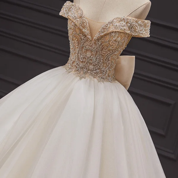 Luxury / Gorgeous Champagne Bridal Wedding Dresses 2020 Ball Gown Off-The-Shoulder Short Sleeve Backless Handmade Beading Glitter Tulle Chapel Train Ruffle