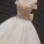 Luxury / Gorgeous Champagne Bridal Wedding Dresses 2020 Ball Gown Off-The-Shoulder Short Sleeve Backless Handmade  Beading Glitter Tulle Chapel Train Ruffle
