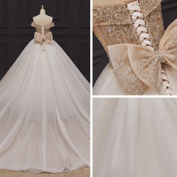 Luxury / Gorgeous Champagne Bridal Wedding Dresses 2020 Ball Gown Off-The-Shoulder Short Sleeve Backless Handmade Beading Glitter Tulle Chapel Train Ruffle