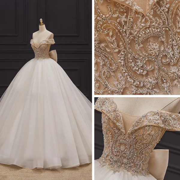 Luxury / Gorgeous Champagne Bridal Wedding Dresses 2020 Ball Gown Off-The-Shoulder Short Sleeve Backless Handmade Beading Glitter Tulle Chapel Train Ruffle