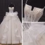 Luxus / Herrlich Champagner Hochzeits Brautkleider / Hochzeitskleider 2020 Ballkleid Spaghettiträger Kurze Ärmel Rückenfreies Applikationen Spitze Perlenstickerei Kapelle-Schleppe Rüschen