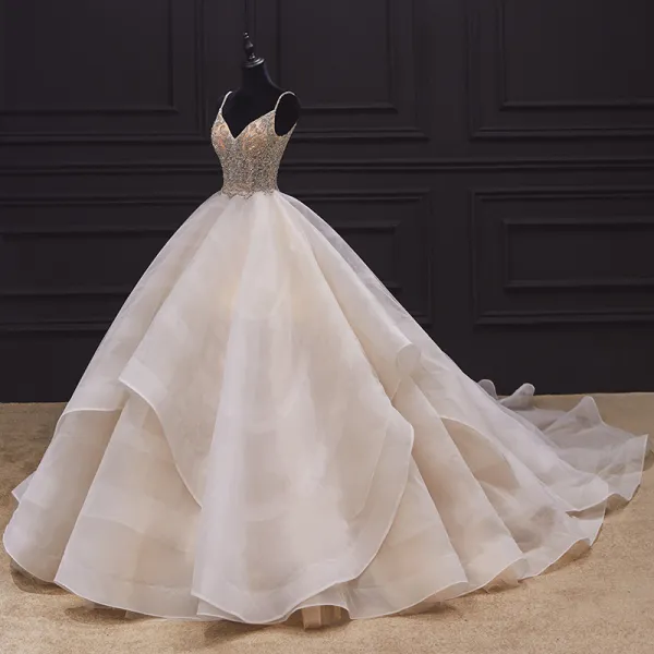 Luxury / Gorgeous Champagne Bridal Wedding Dresses 2020 Ball Gown Spaghetti Straps Sleeveless Backless Handmade  Beading Pearl Ruffle Chapel Train