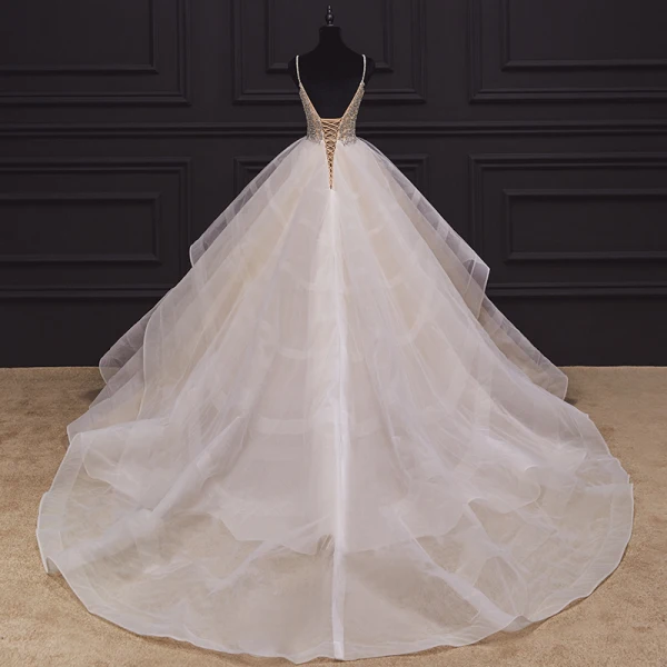 Luxury / Gorgeous Champagne Bridal Wedding Dresses 2020 Ball Gown Spaghetti Straps Sleeveless Backless Handmade  Beading Pearl Ruffle Chapel Train