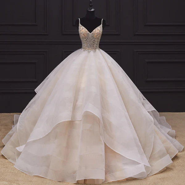Luxury / Gorgeous Champagne Bridal Wedding Dresses 2020 Ball Gown Spaghetti Straps Sleeveless Backless Handmade  Beading Pearl Ruffle Chapel Train