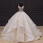 Luxury / Gorgeous Champagne Bridal Wedding Dresses 2020 Ball Gown Spaghetti Straps Sleeveless Backless Handmade  Beading Pearl Ruffle Chapel Train