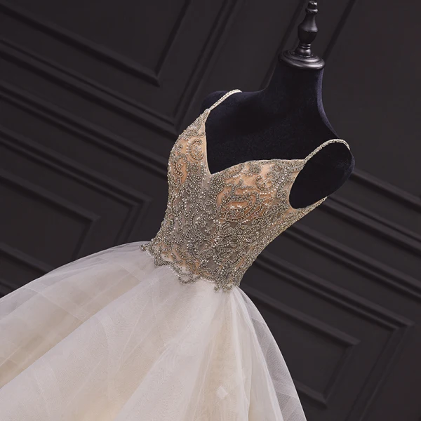 Luxury / Gorgeous Champagne Bridal Wedding Dresses 2020 Ball Gown Spaghetti Straps Sleeveless Backless Handmade  Beading Pearl Ruffle Chapel Train