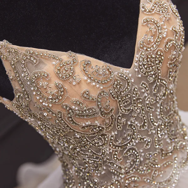 Luxury / Gorgeous Champagne Bridal Wedding Dresses 2020 Ball Gown Spaghetti Straps Sleeveless Backless Handmade  Beading Pearl Ruffle Chapel Train