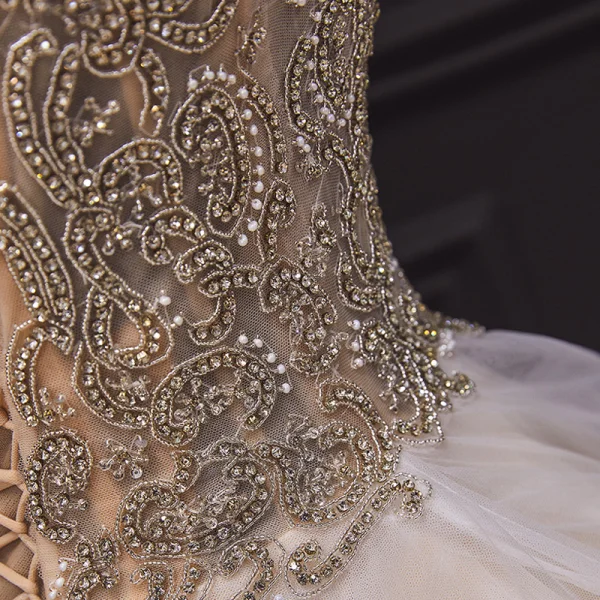 Luxury / Gorgeous Champagne Bridal Wedding Dresses 2020 Ball Gown Spaghetti Straps Sleeveless Backless Handmade  Beading Pearl Ruffle Chapel Train