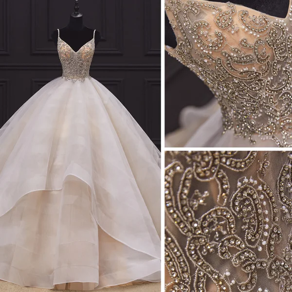 Luxury / Gorgeous Champagne Bridal Wedding Dresses 2020 Ball Gown Spaghetti Straps Sleeveless Backless Handmade  Beading Pearl Ruffle Chapel Train