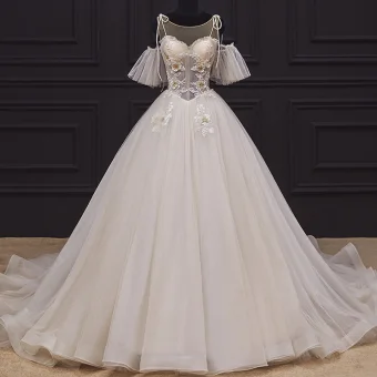 Illusion Champagne La Mariée Robe De Mariée 2020 Robe Boule Transparentes Encolure Dégagée Manches Courtes Dos Nu Appliques Fleur Perlage Chapel Train Volants